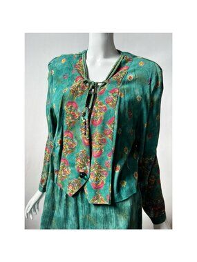 Floral Teal Two-Piece Dress Set With Beaded Tie Neck & Long Sleeves Boho Sz 12P